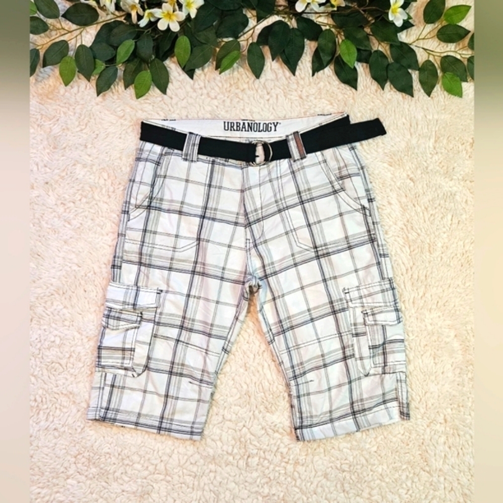 Urbanology Men's Lightweight Plaid Cargo Shorts w/belt